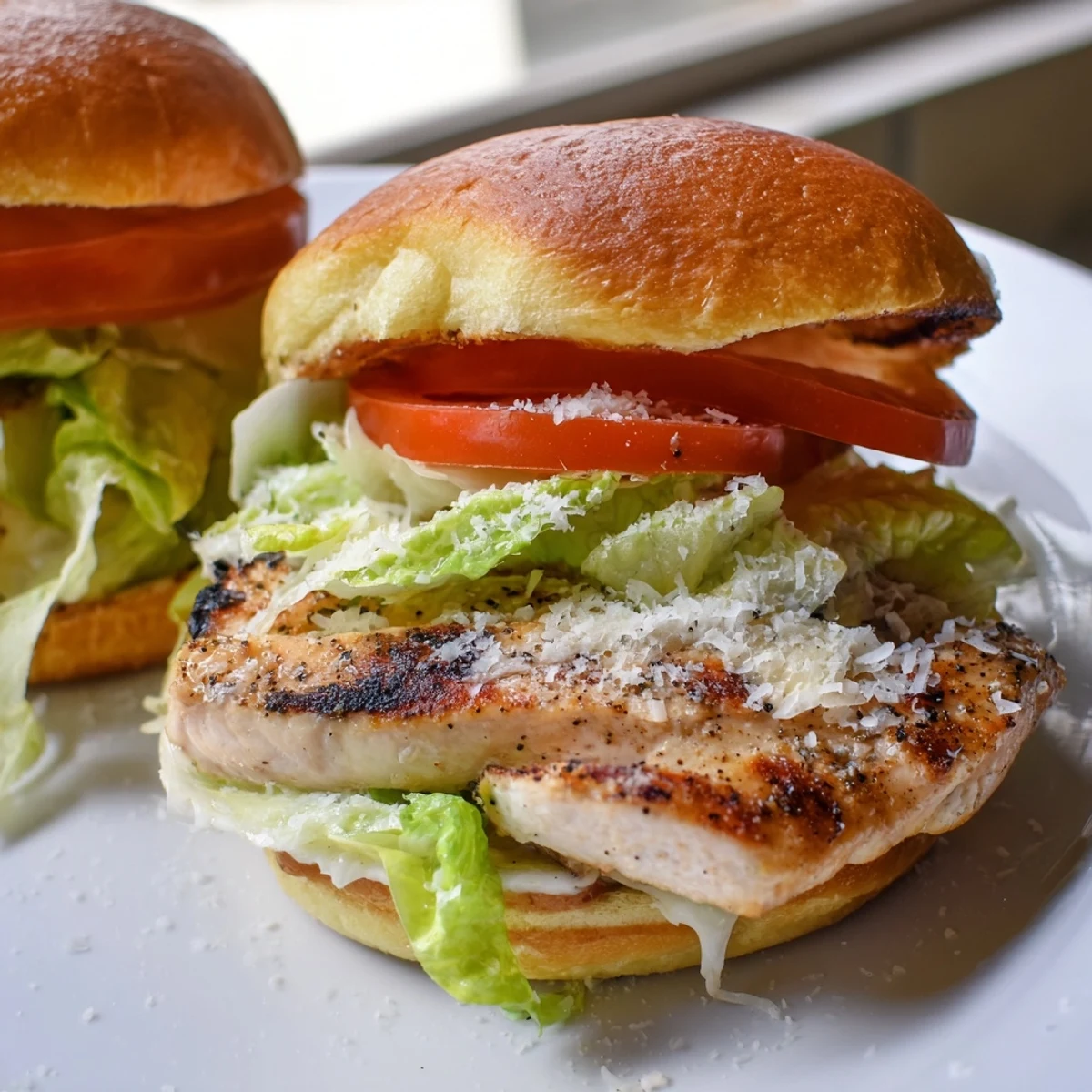 Grilled Caesar Chicken Sandwich with juicy chicken, romaine lettuce, and creamy dressing on a toasted bun.