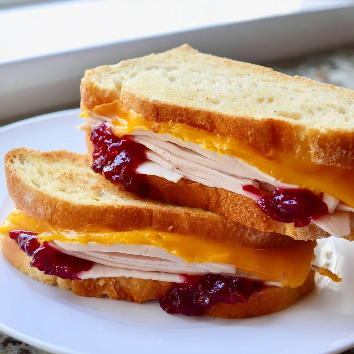 Golden, melted Smoked Turkey Grilled Cheese with cranberry spread, ready to be sliced and served.