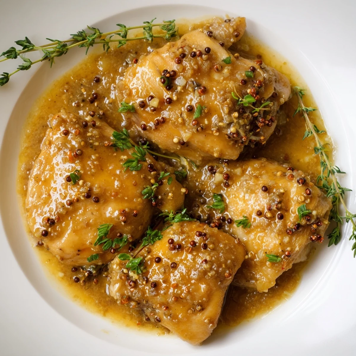 Honey Dijon Chicken Skillet bubbling in a pan, glistening with a vibrant, flavorful honey Dijon glaze.