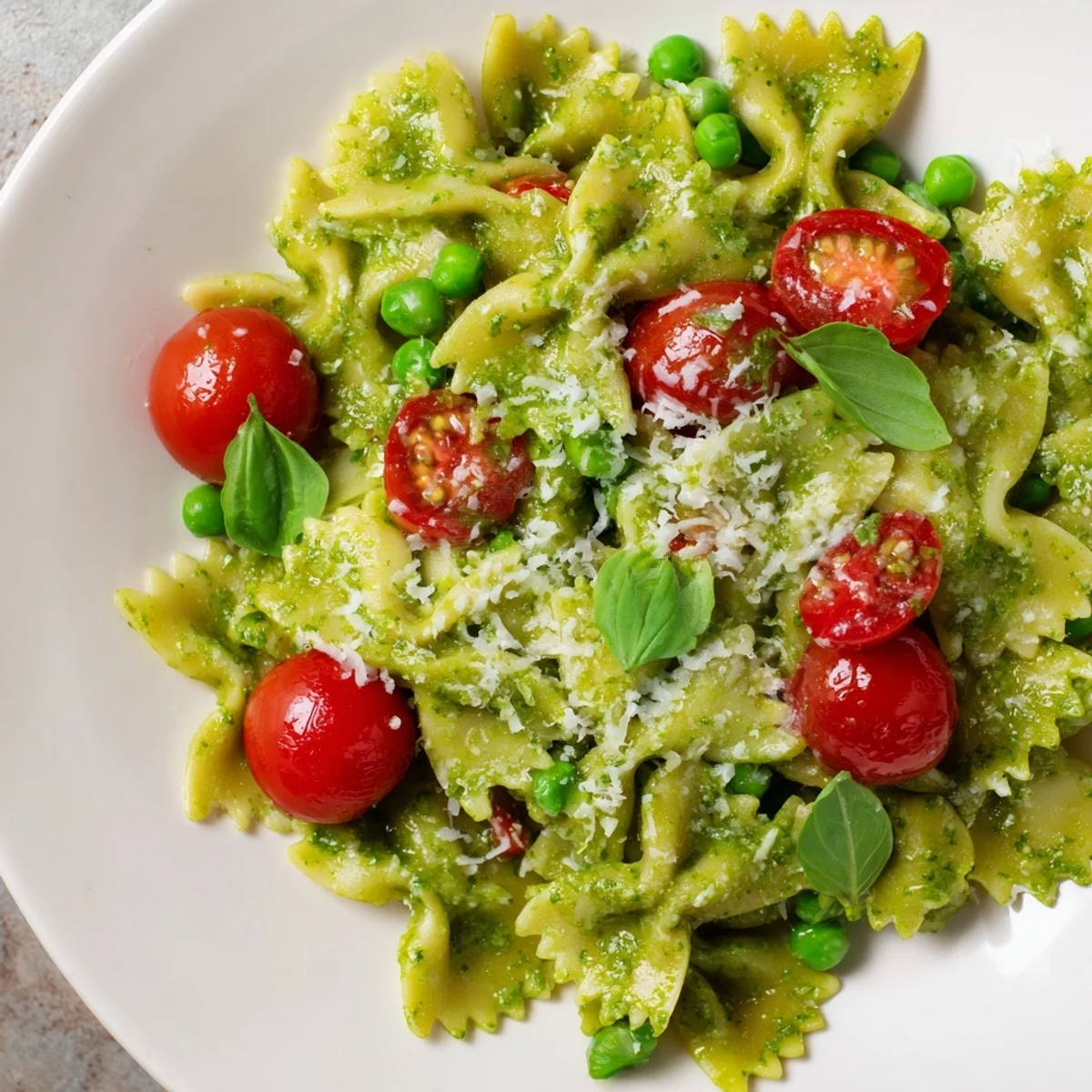 Green Pesto Pasta Salad with vibrant tomatoes and basil, perfect for a summer picnic.