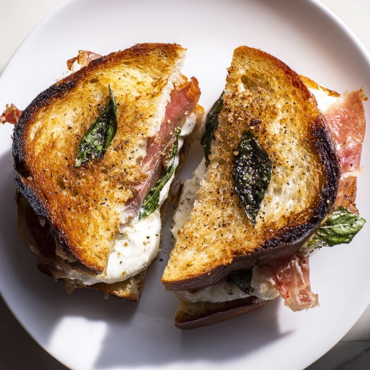 A close-up reveals a delicious Crispy Prosciutto & Burrata Grilled Cheese, perfect for lunch or dinner.