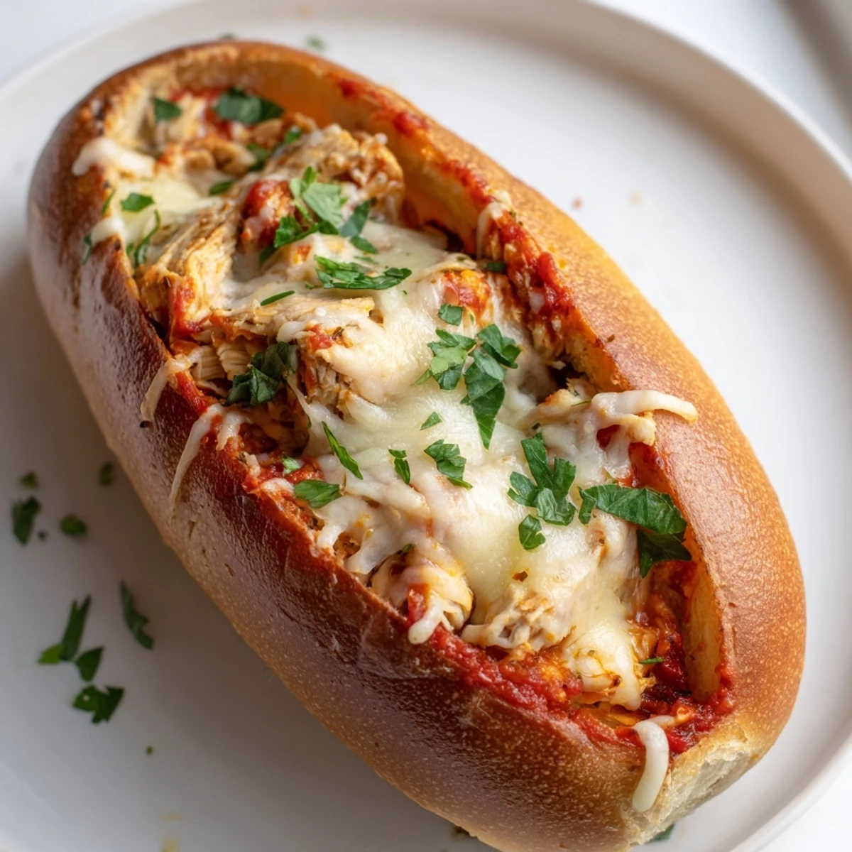 Golden, bubbly Chicken Parm Stuffed Garlic Bread with melted cheese, marinara, and herbs, perfect for dinner.