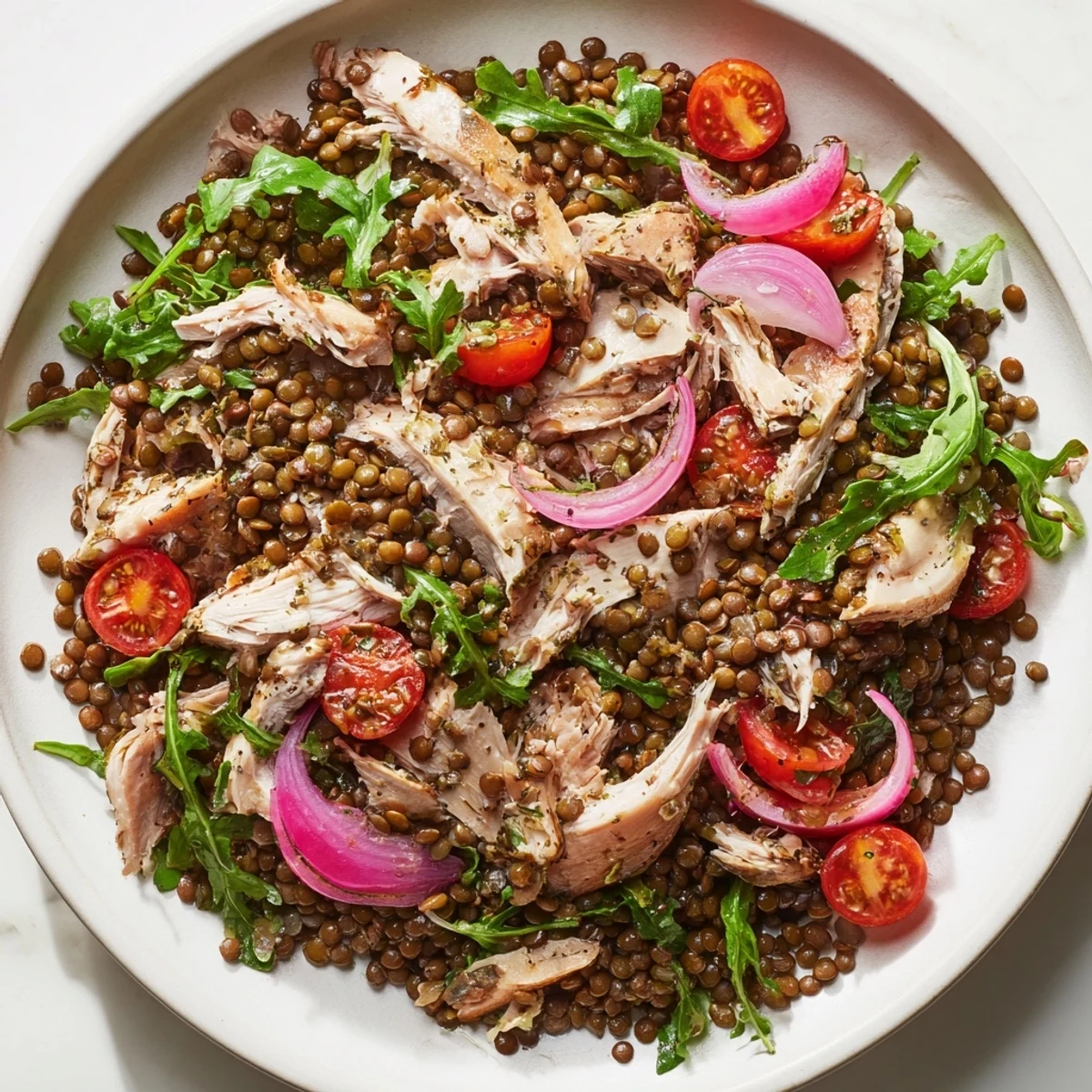 Lentil and Chicken Spring Salad with juicy chicken, fresh arugula, and tangy mustard dressing, a colorful plate.