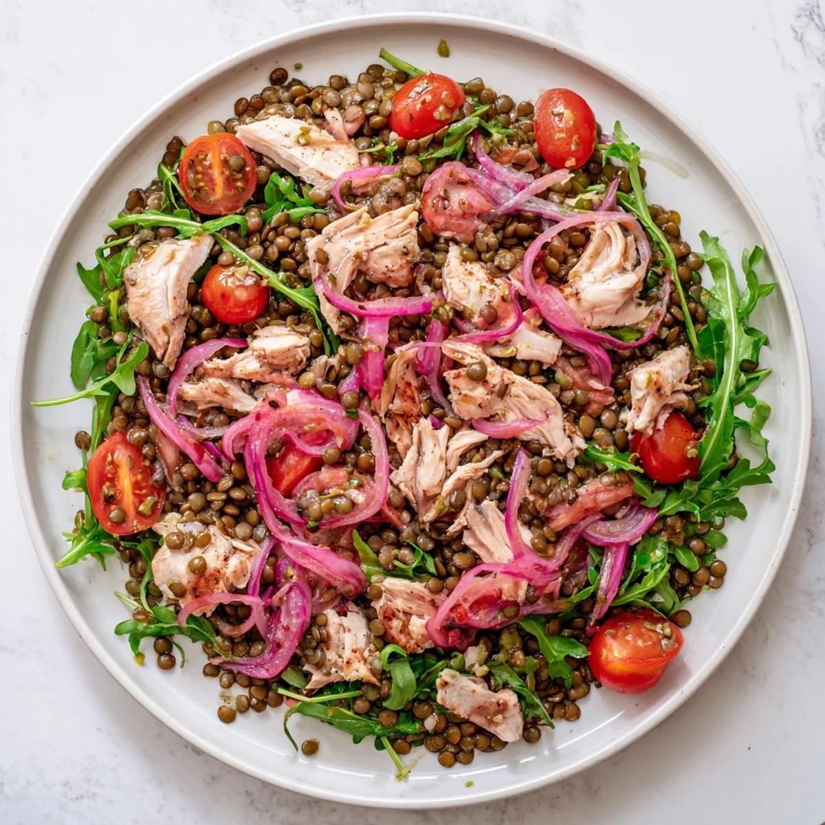 Vibrant Lentil & Chicken Spring Salad bursting with flavor, showcasing tender lentils and roasted chicken.