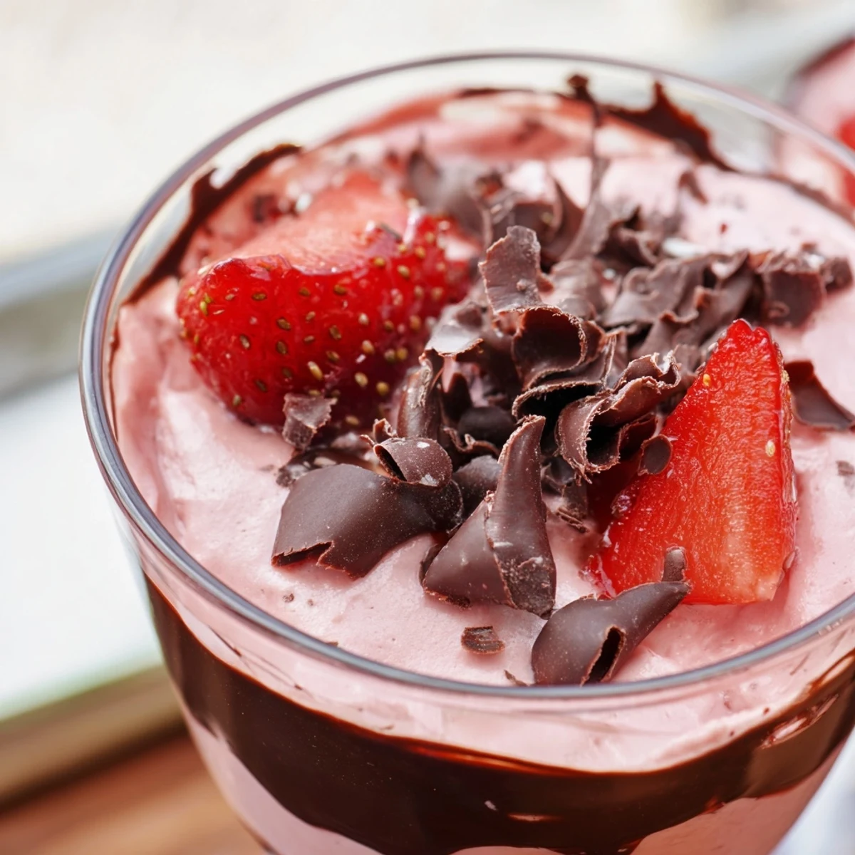 Garnish de fraises fraîches et de copeaux de chocolat sur un mousse de fraises richard couvert de ganache au chocolat.