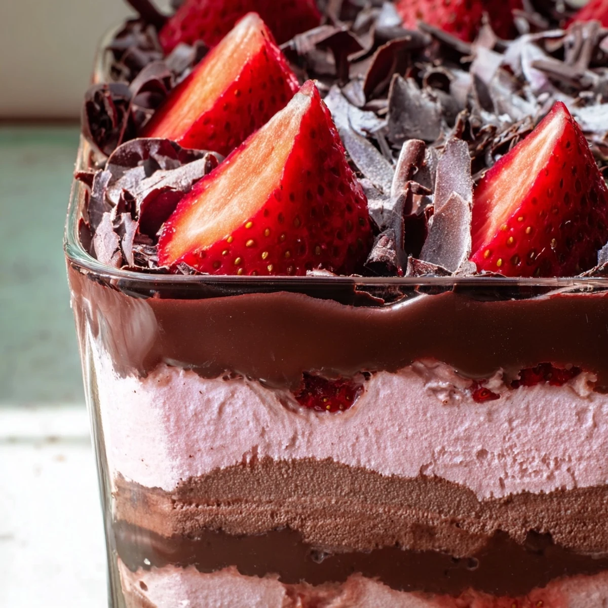 Couches de mousse de fraises aériennes et de ganache au chocolat lisse, garnies de fraises fraîches et de menthe.