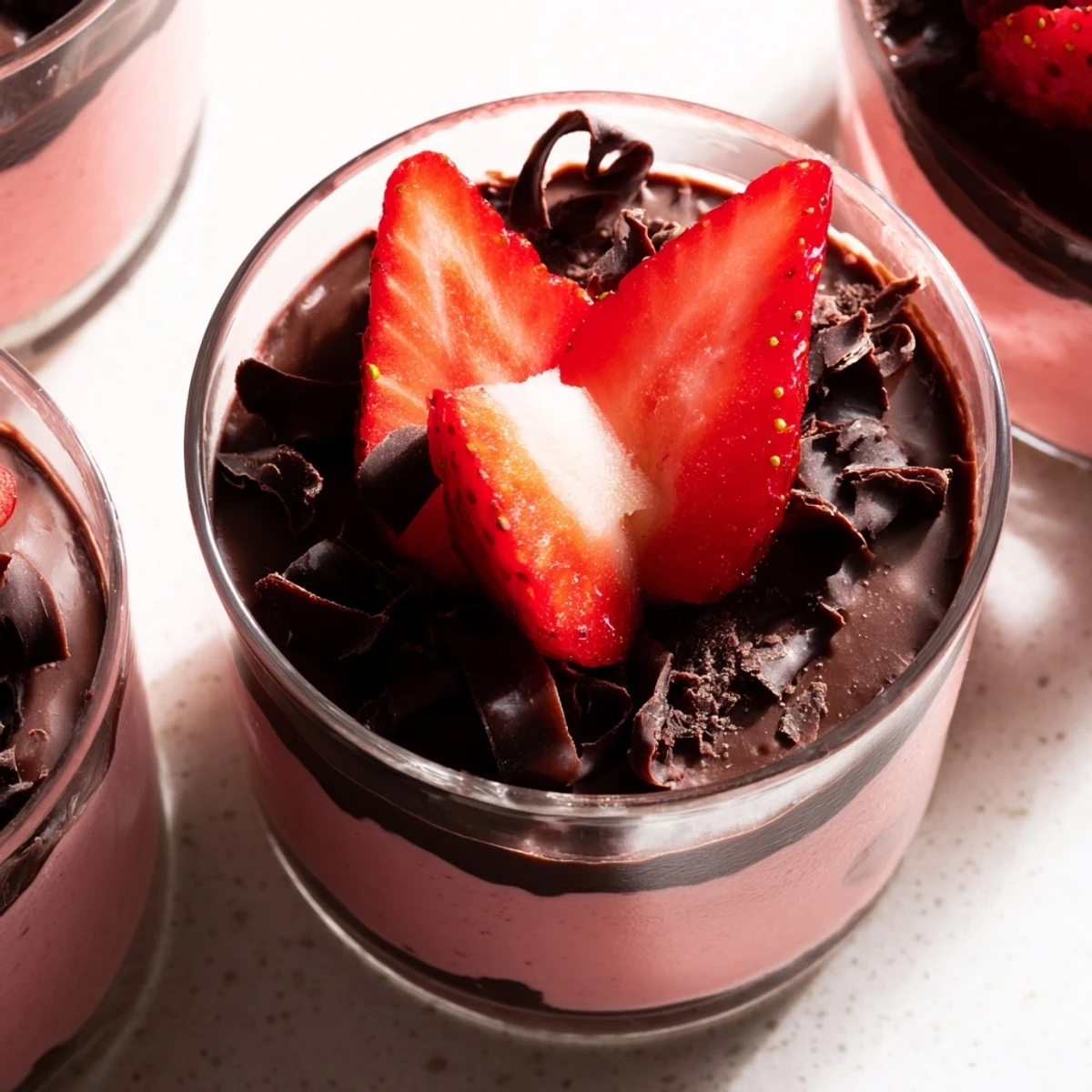 Verre en verre transparent présentant des couches épaisses de mousse de fraises et de ganache, parfait pour un dessert élégant.