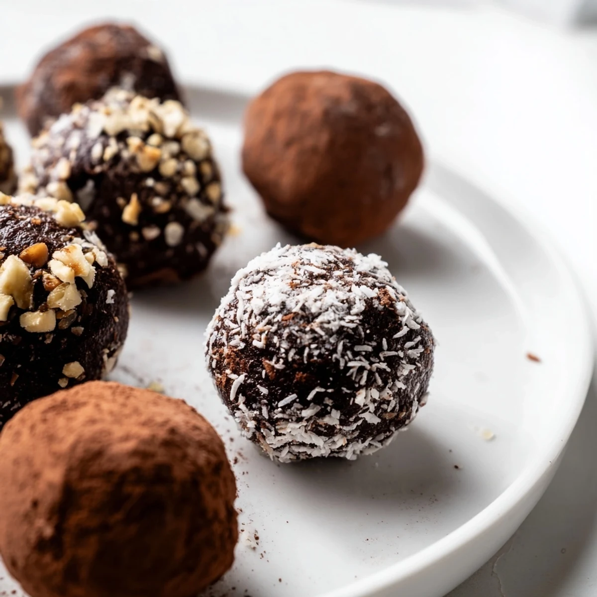 De délicieuses chocolats truffes roulées dans une croûte de noisettes grillées et du cacao, présentées sur une assiette blanche.