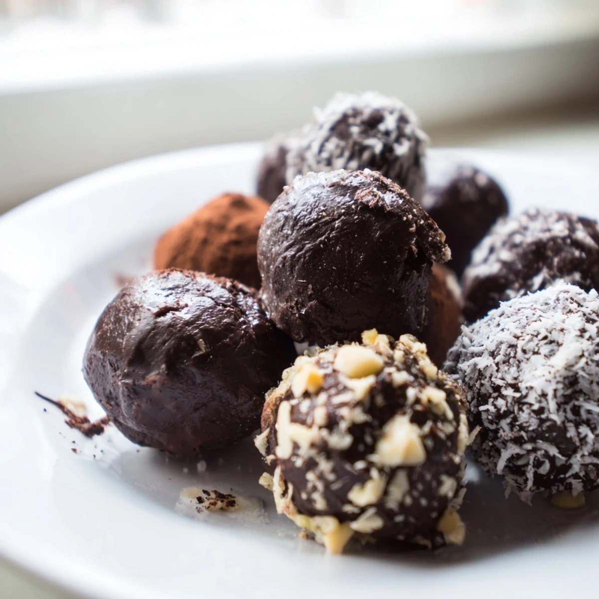 Des chocolats truffes fondantes au cœur crémeux, saupoudrées de sucre glace et disposées près d'une tasse de café noir.