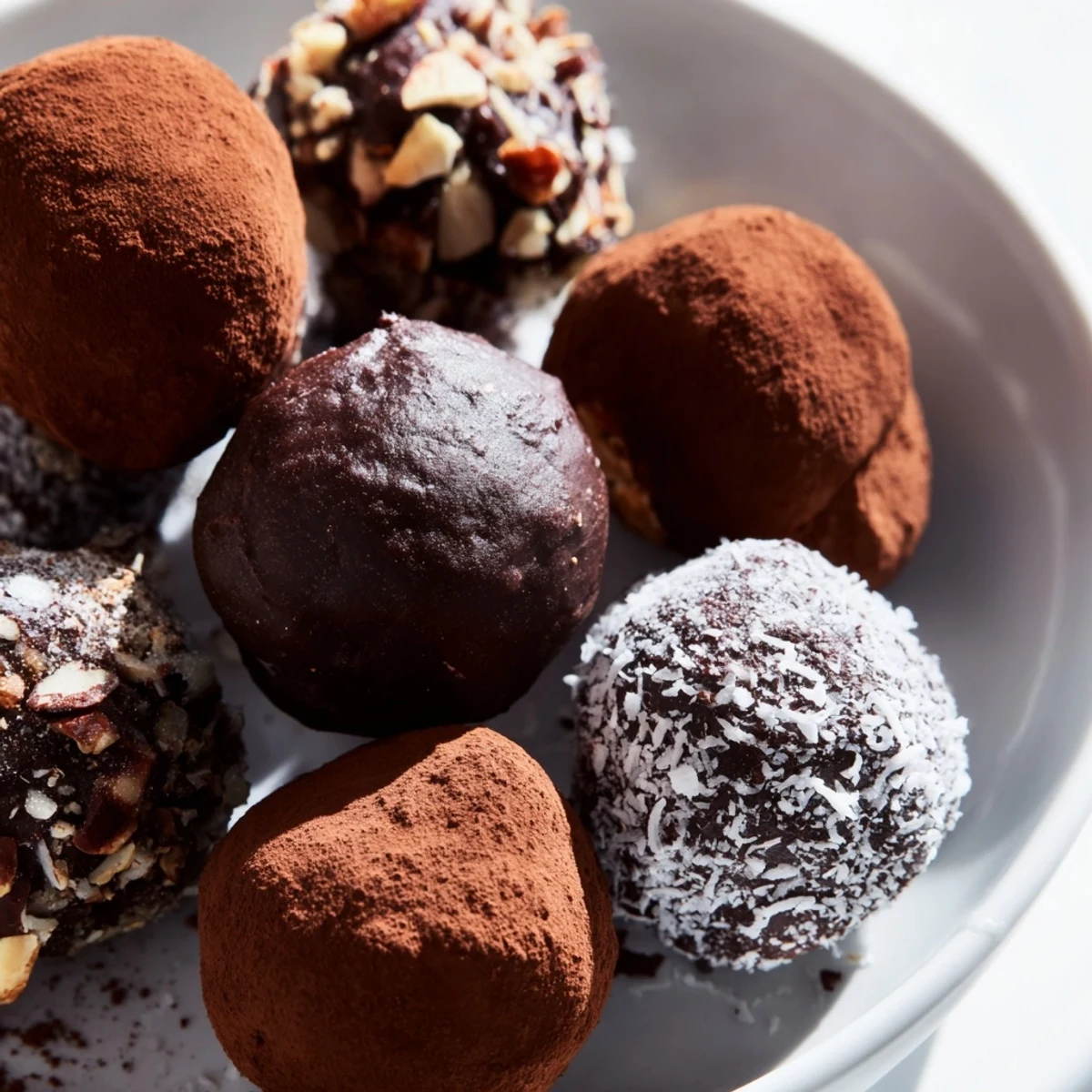 Des boules de chocolats truffes recouvertes de noix de coco râpée et de pépites de chocolat, prêtes à être dégustées.