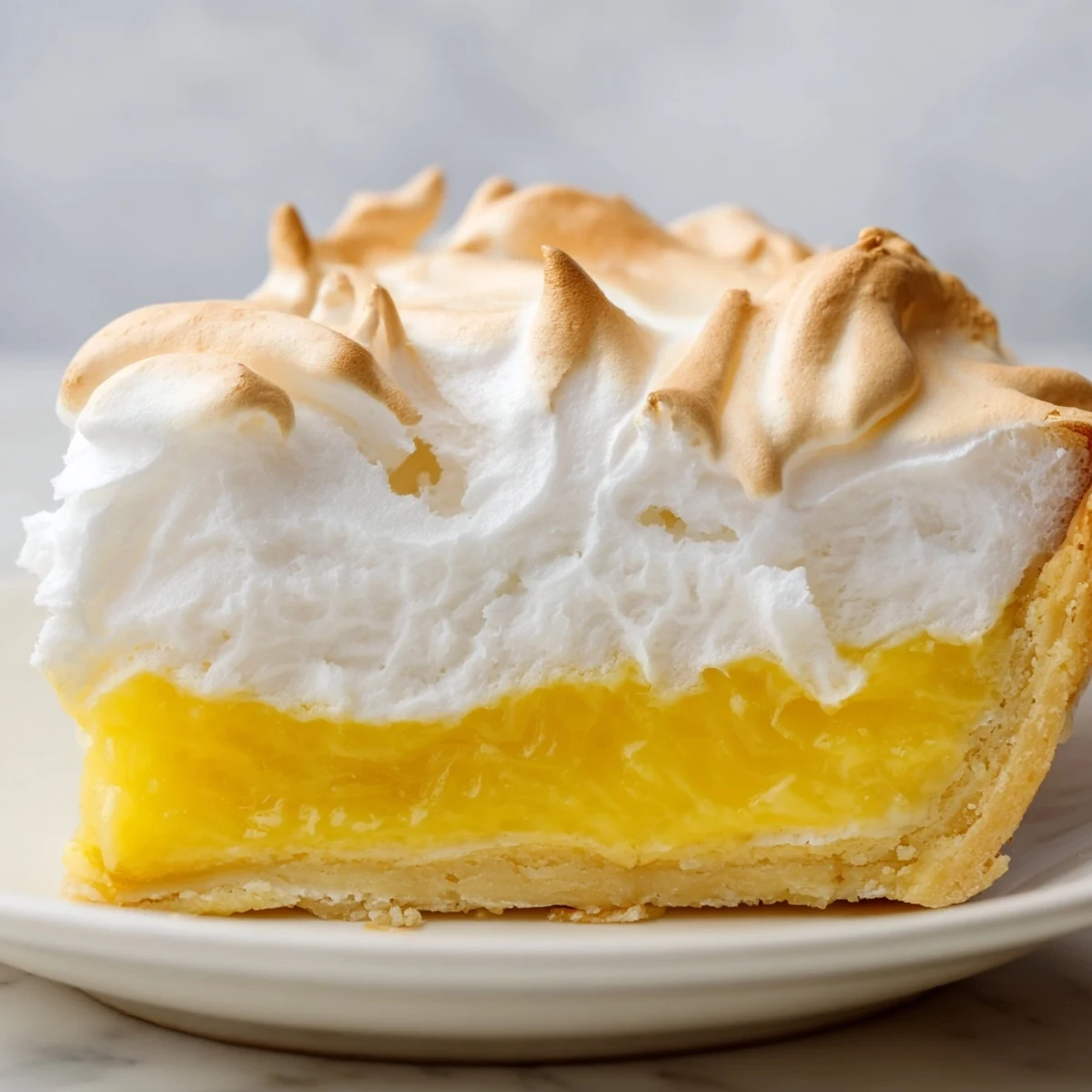 Homemade Lemon Meringue Pie featuring golden-brown meringue swirled over vibrant, citrusy lemon filling.