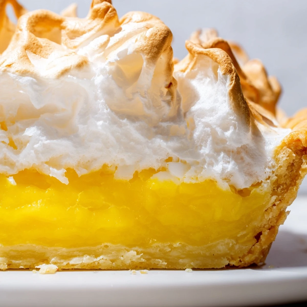 Serving of Lemon Meringue Pie with a sweet, fluffy meringue topping and a tart lemon base.