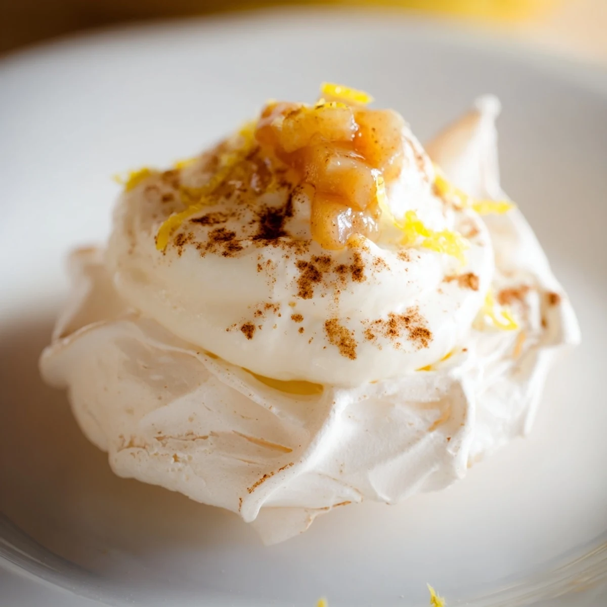 Dessert élégant de Mini Hot Toddy Pavlovas avec poires sucrées et garniture crémeuse parfumée à la noix de muscade.