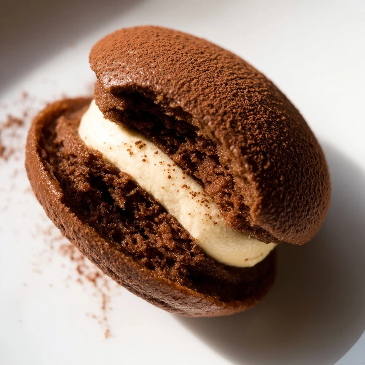 Dessert de tiramisu whoopie pies aux éponges au cacao et à la crémeuse mascarpone au café, saupoudré de cacao.