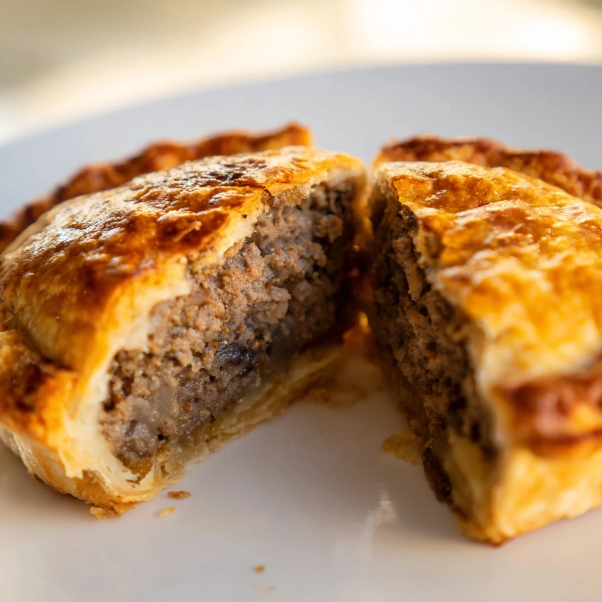 Golden-brown Mini Beef Tourtières with flaky cream cheese pastry and a savory spiced ground beef filling, ready to serve.  
