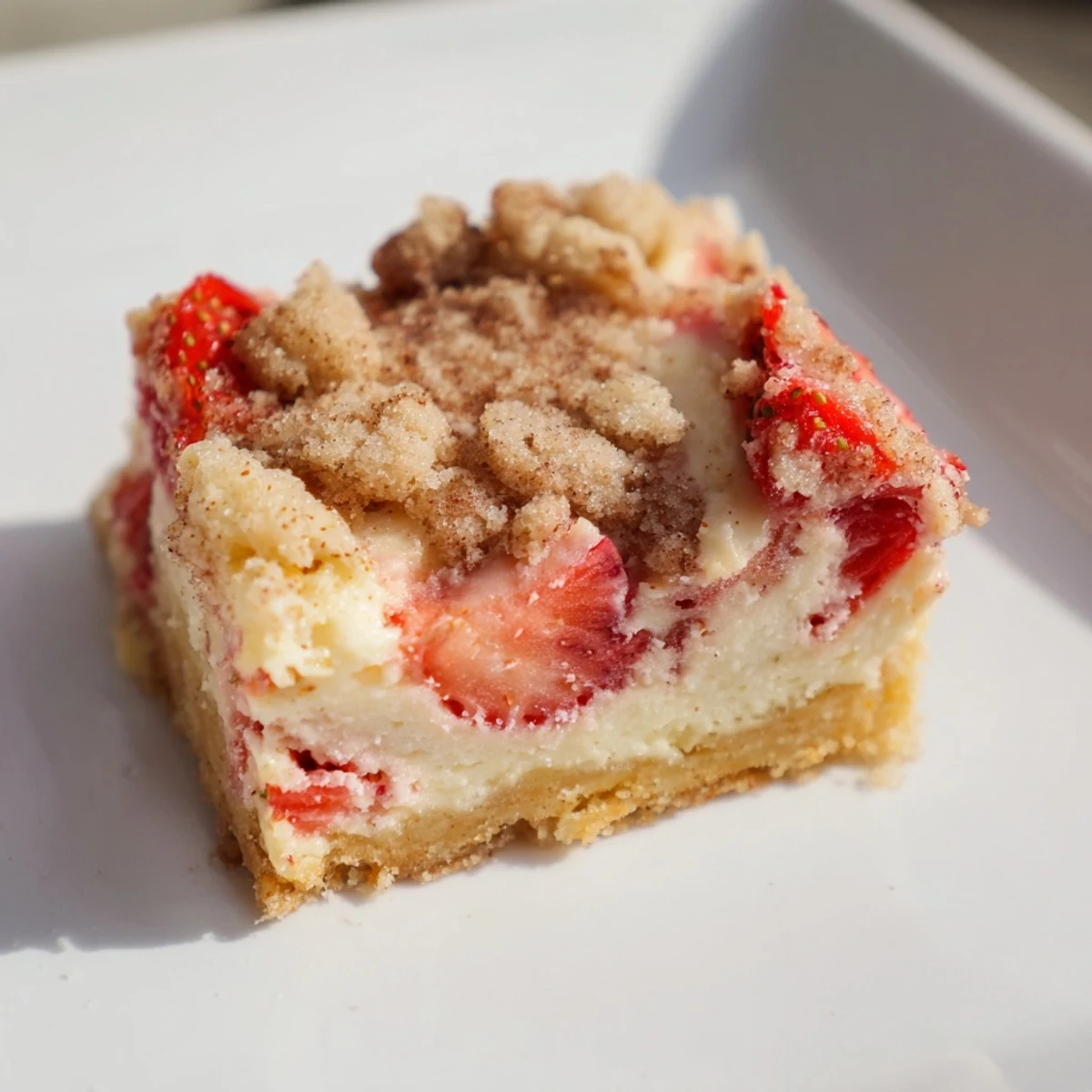 Les barres de cheesecake aux fraises, une garniture crémeuse et une croûte beurrée avec une pointe de cannelle.