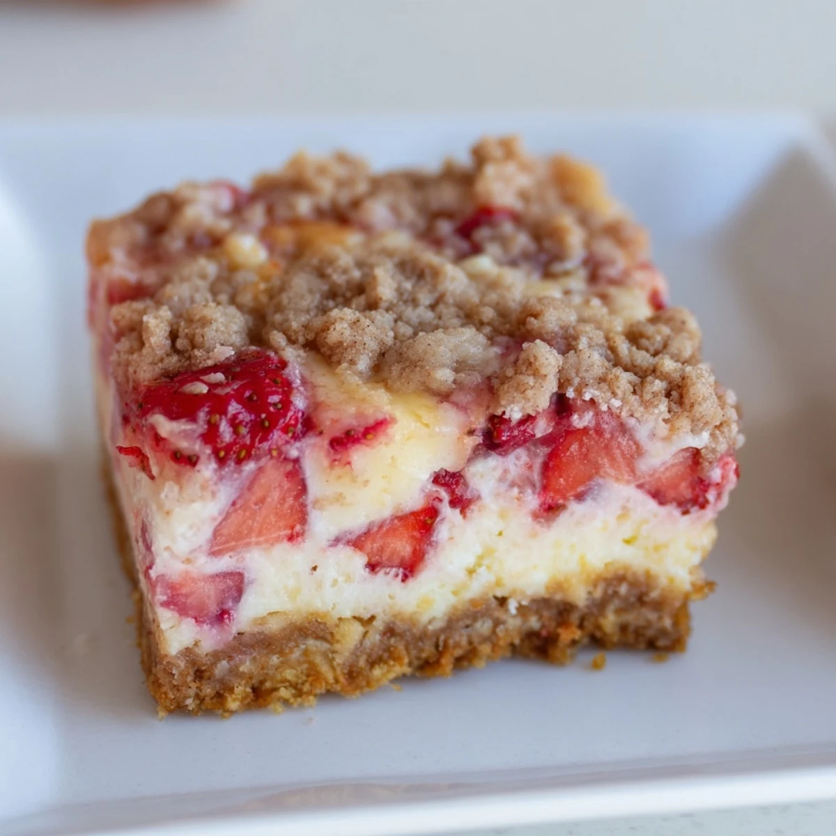 Dessert de pique-nique pour les barres de cheesecake aux fraises, recouvertes de streusel doré et de morceaux de fruits frais.