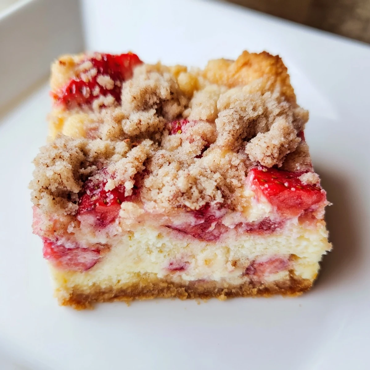 Un quart de plaque de barres de cheesecake aux fraises, avec des morceaux de fraises juteuses et une texture nacrée.