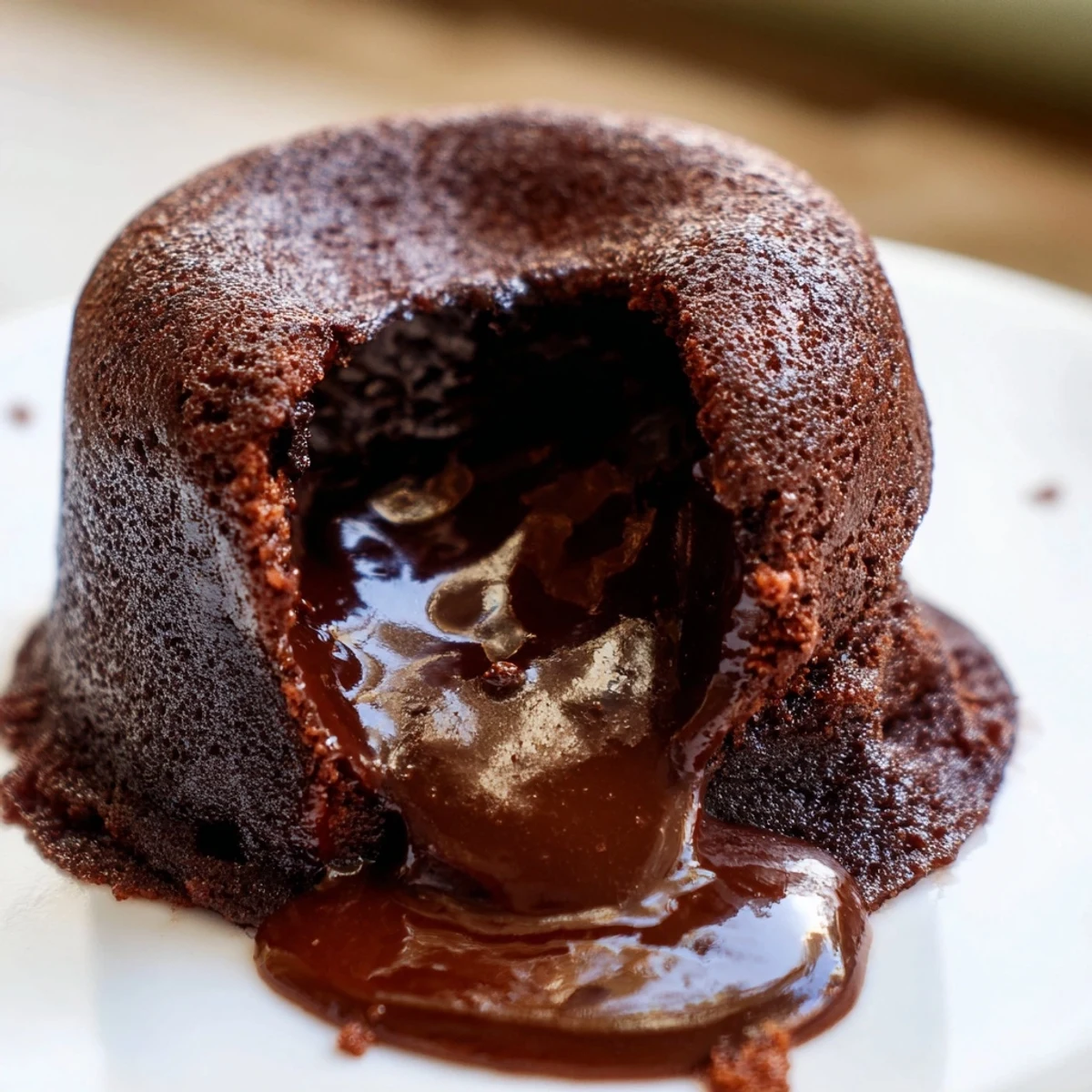 Photo d'une recette de Chocolate Lava Cakes avec Espresso sortant du four, avec un cœur fondant coulant visiblement sur une petite soucoupe.