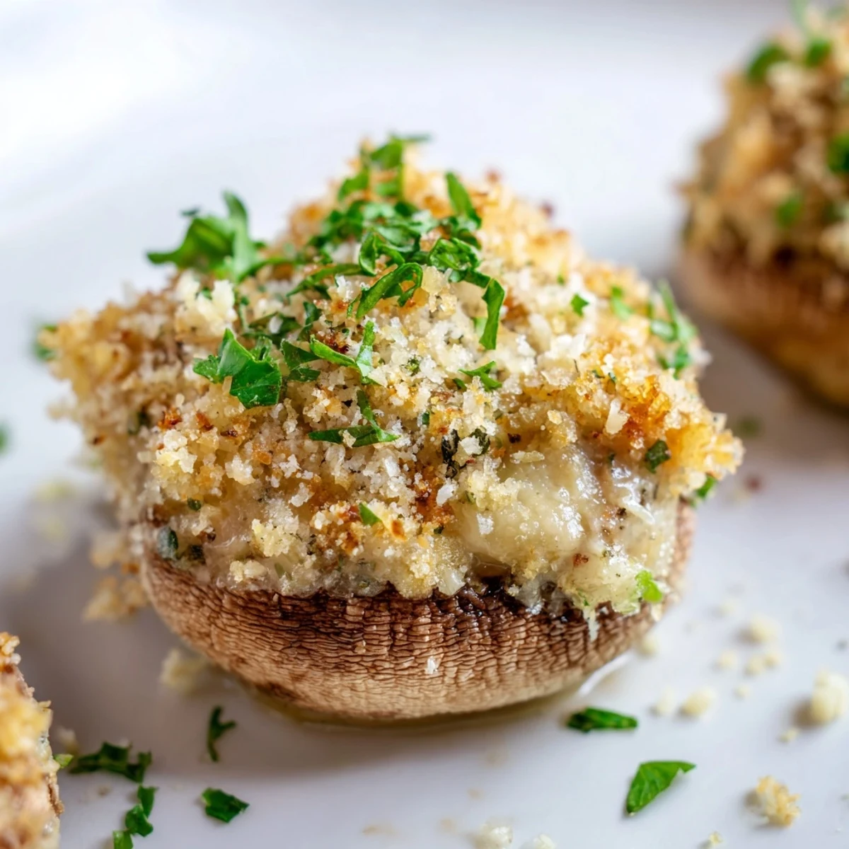 Golden-brown Stuffed Asiago-Basil Mushrooms bubbling on a baking sheet, topped with melted cheese and fresh basil.