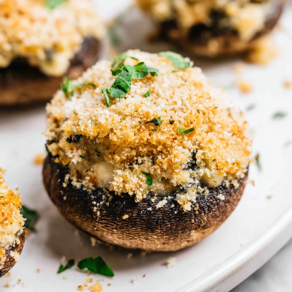 Freshly baked Stuffed Asiago-Basil Mushrooms, stuffed with creamy Asiago, basil, and crispy panko breadcrumbs.