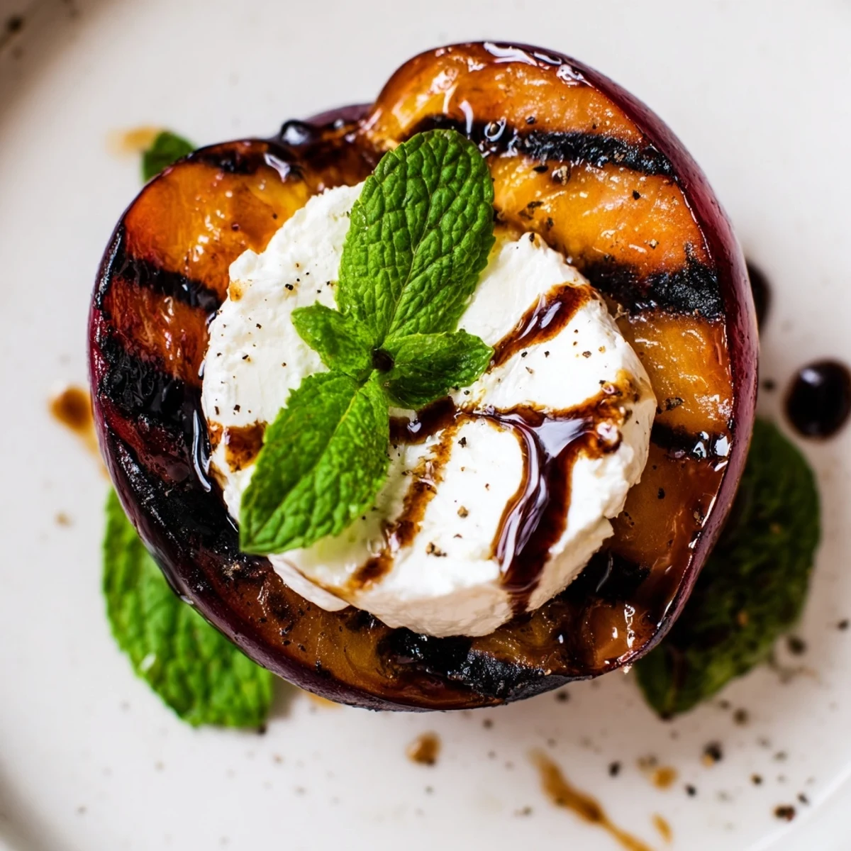 Grilled plums topped with creamy goat cheese and a drizzle of balsamic glaze on a serving platter.