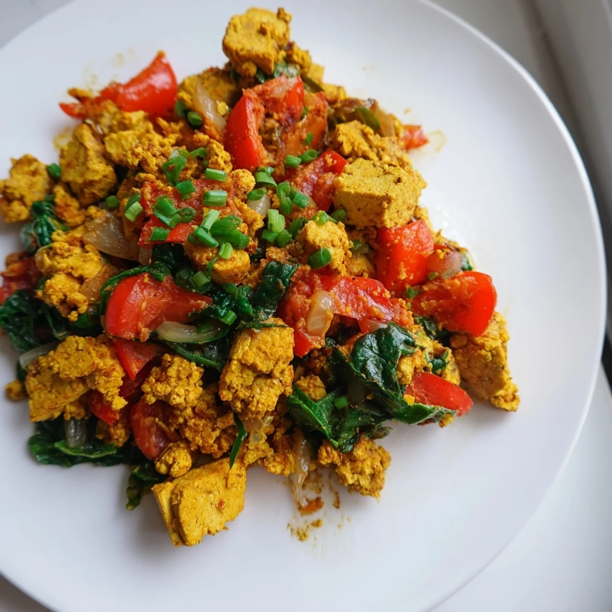 Une tofu scramble dorée aux épices, servie avec des tomates et des épinards frais, sur une assiette blanche.