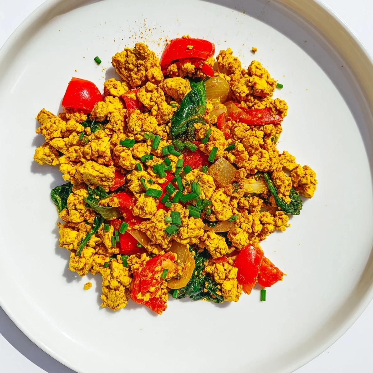 Ce tofu scramble de saison à la turmeric et au cumin, avec poivron rouge et épinards, pour un brunch plant-based.