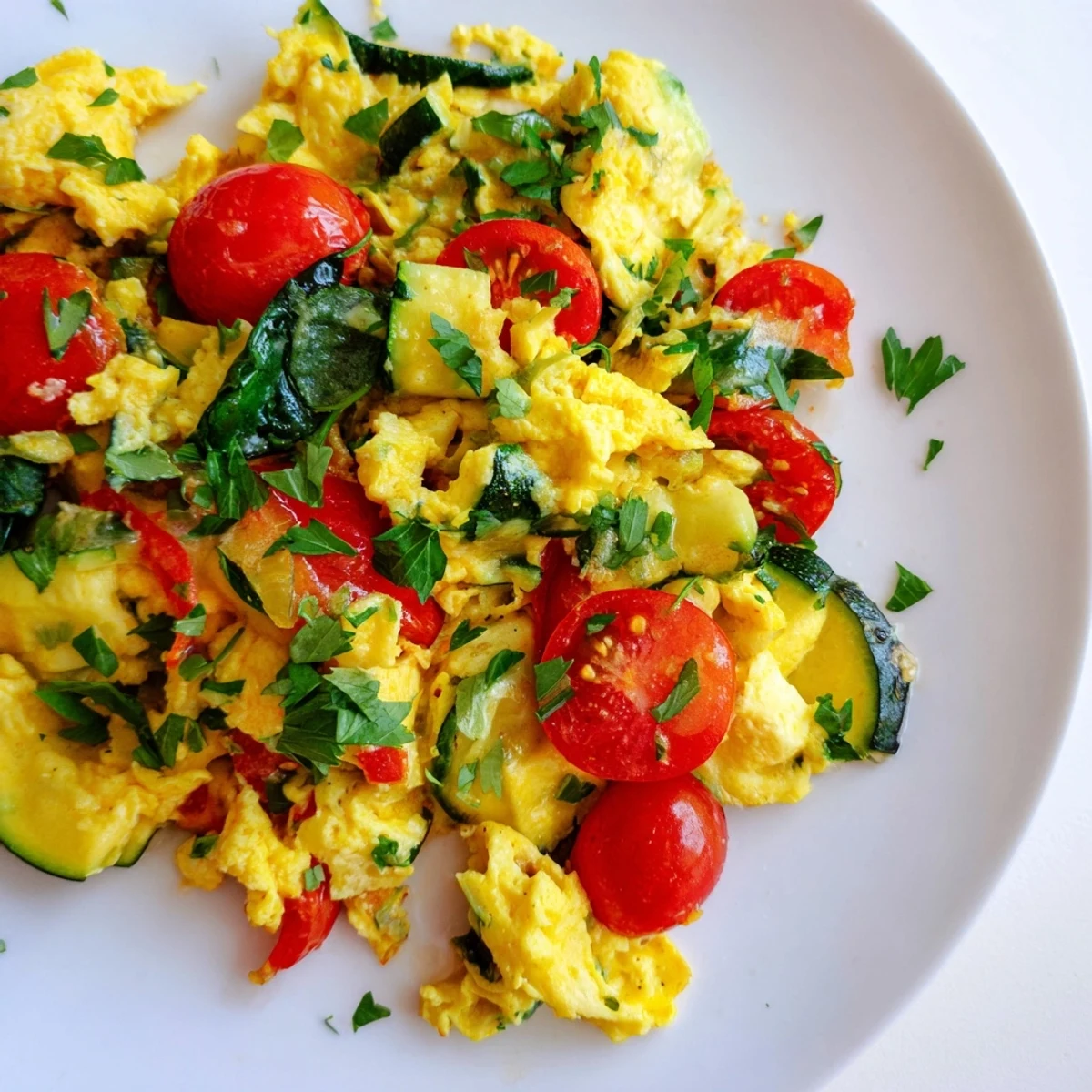 Light and airy egg and vegetable scramble topped with fresh chives for a colorful breakfast.