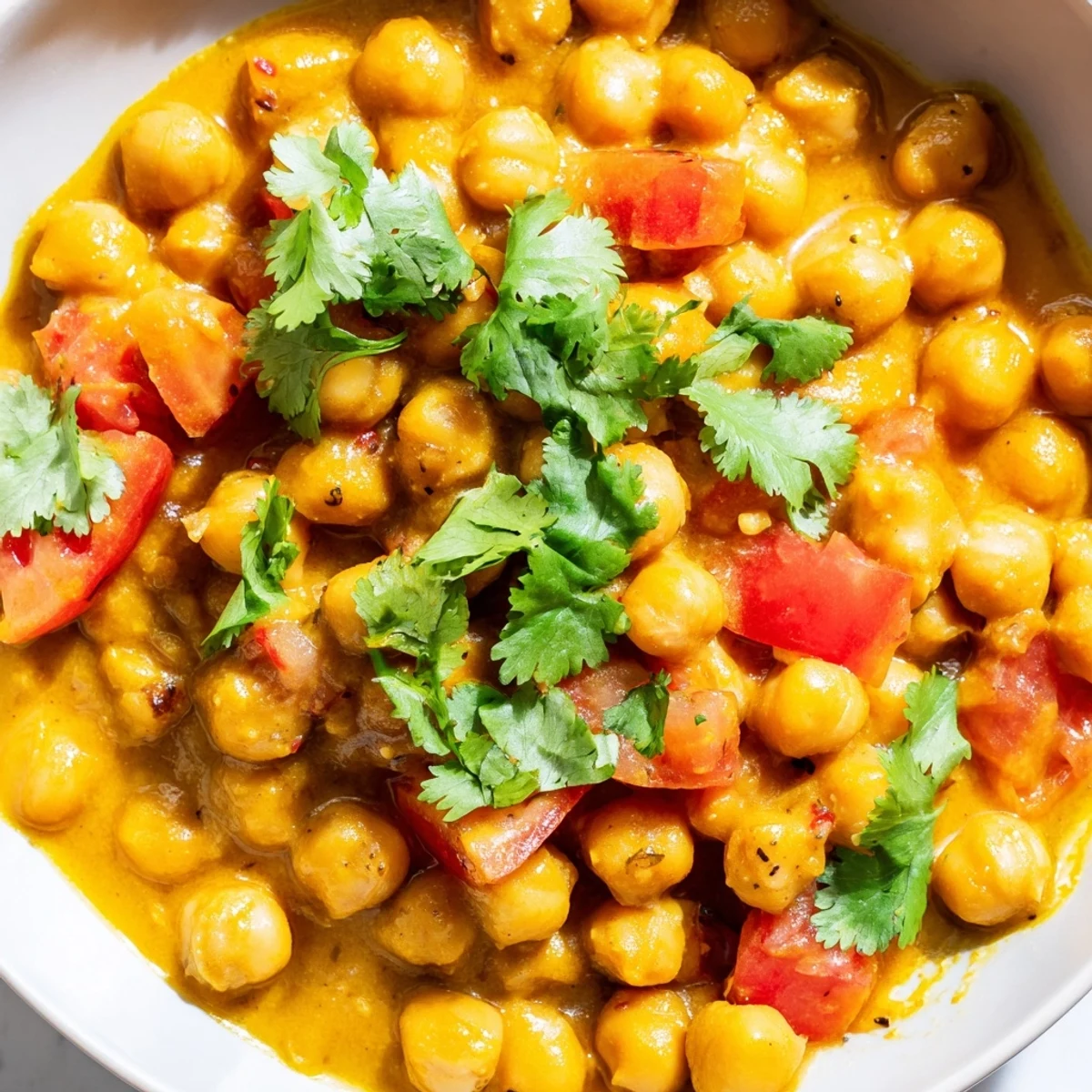 Cédrer une image de Chickpea Curry crémeux, épicé, servi dans un bol, accompagné de riz et de coriandre fraîche.