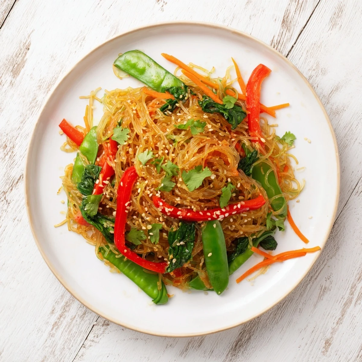 Assiette de Kelp Noodle Stir-Fry avec des nouilles translucides, du poivron rouge et une sauce gingembre parfumée.