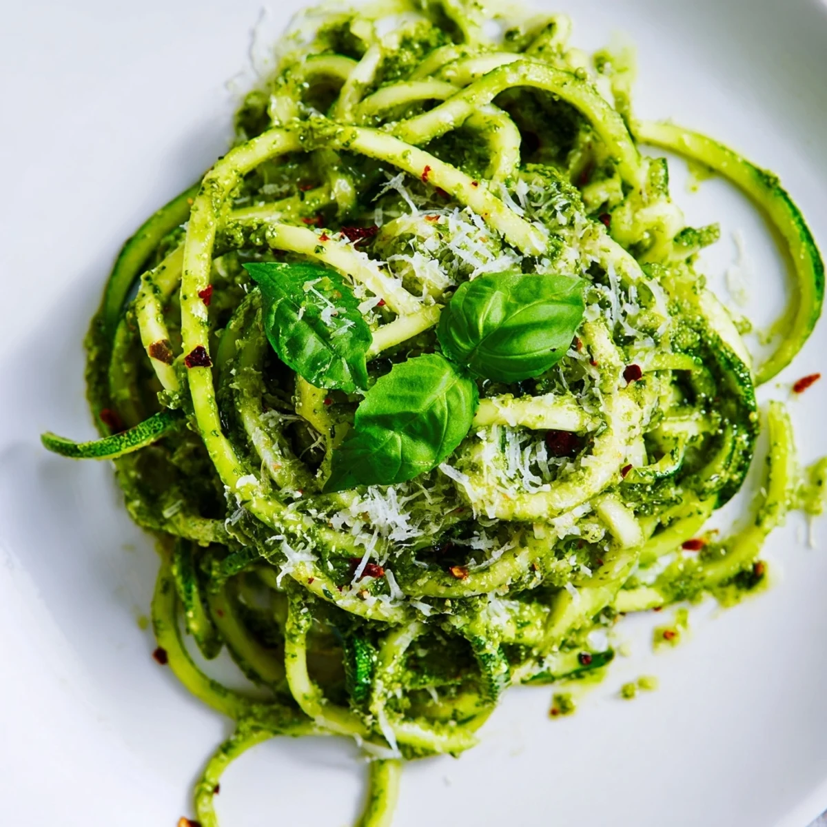 Une assiette de zoodles au pesto basilic frais, servie avec des tomates cerises et du parmesan râpé pour une touche estivale.