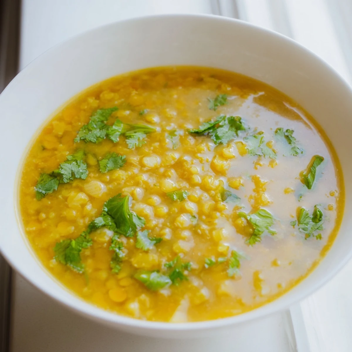 Steamy bowl of mung bean soup garnished with cilantro and lemon, simmering with warm spices and fresh vegetables.