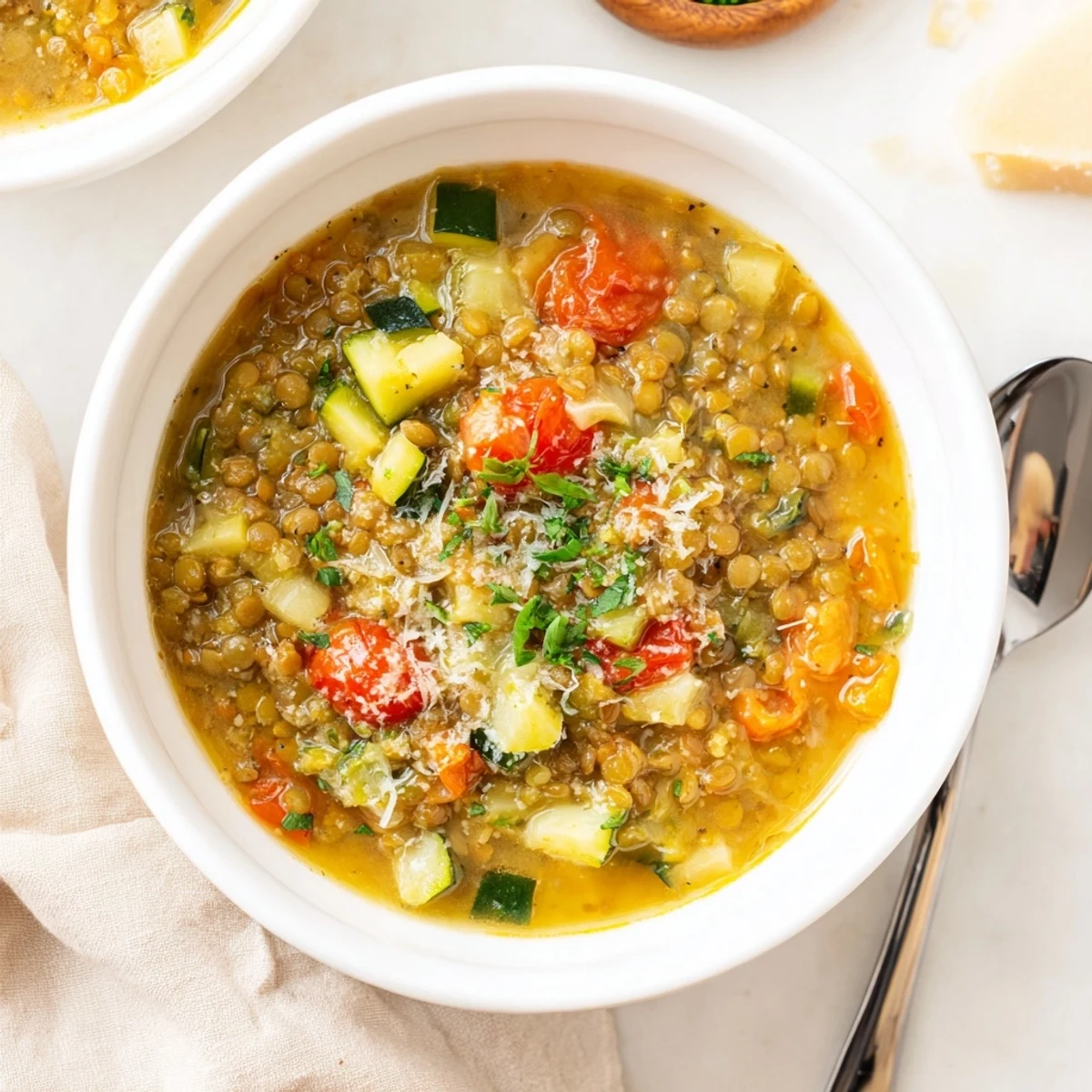 Recette de casserole aux lentilles vertes, servie chaude avec une garniture de parmesan fondu et une salade verte.