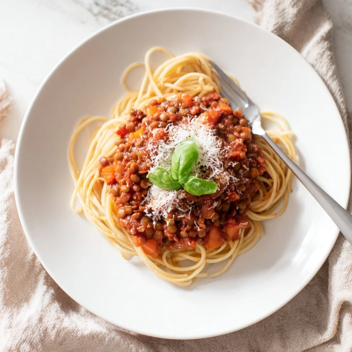 Une assiette de spaghettis recouverte d'une sauce bolognaise aux lentilles brunes, parsemée de basilic frais et de parmesan râpé. Une recette végétarienne et riche en fibres, parfaite pour un dîner italien satisfaisant et sain.