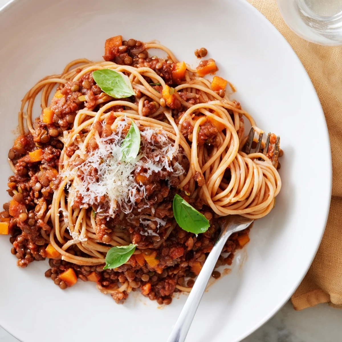 La sauce bolognaise aux lentilles mijote dans une marmite en fonte, avec des carottes et des oignons fondus, dégageant une vapeur savoureuse et une odeur d'herbes aromatiques. Une recette vegan parfaite pour les soirées d'automne.