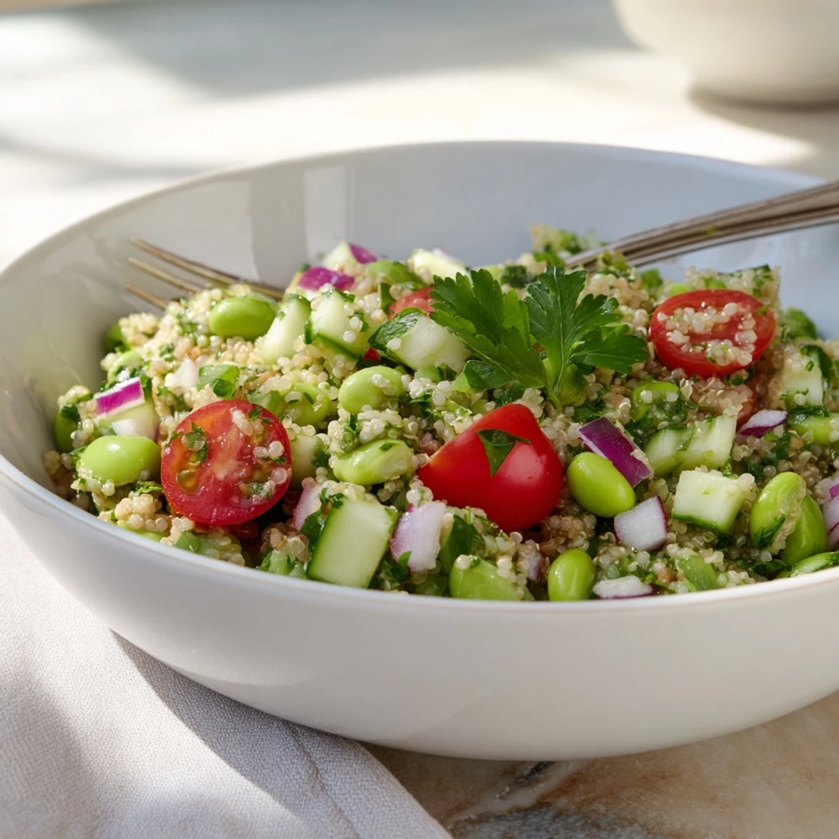 Un bol coloré de salade edamame et quinoa, garni de tomates cerise et de poivrons rouges frais, saupoudré de menthe et persil, sur une table rustique.