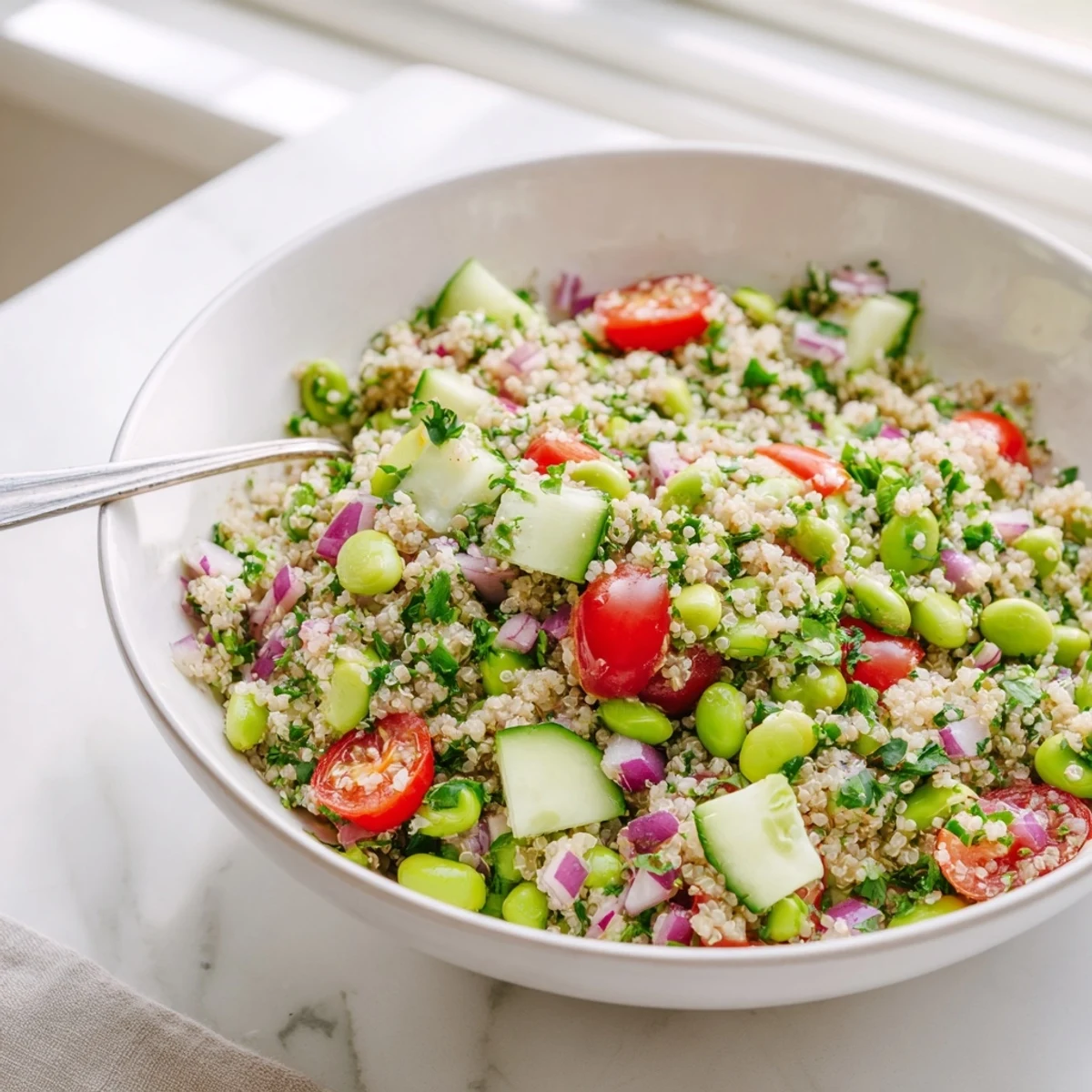 Présentation appétissante de la salade edamame et quinoa avec un vinaigre à l'agrumes, parsemée de graines de sésame toastées pour une touche croquante.