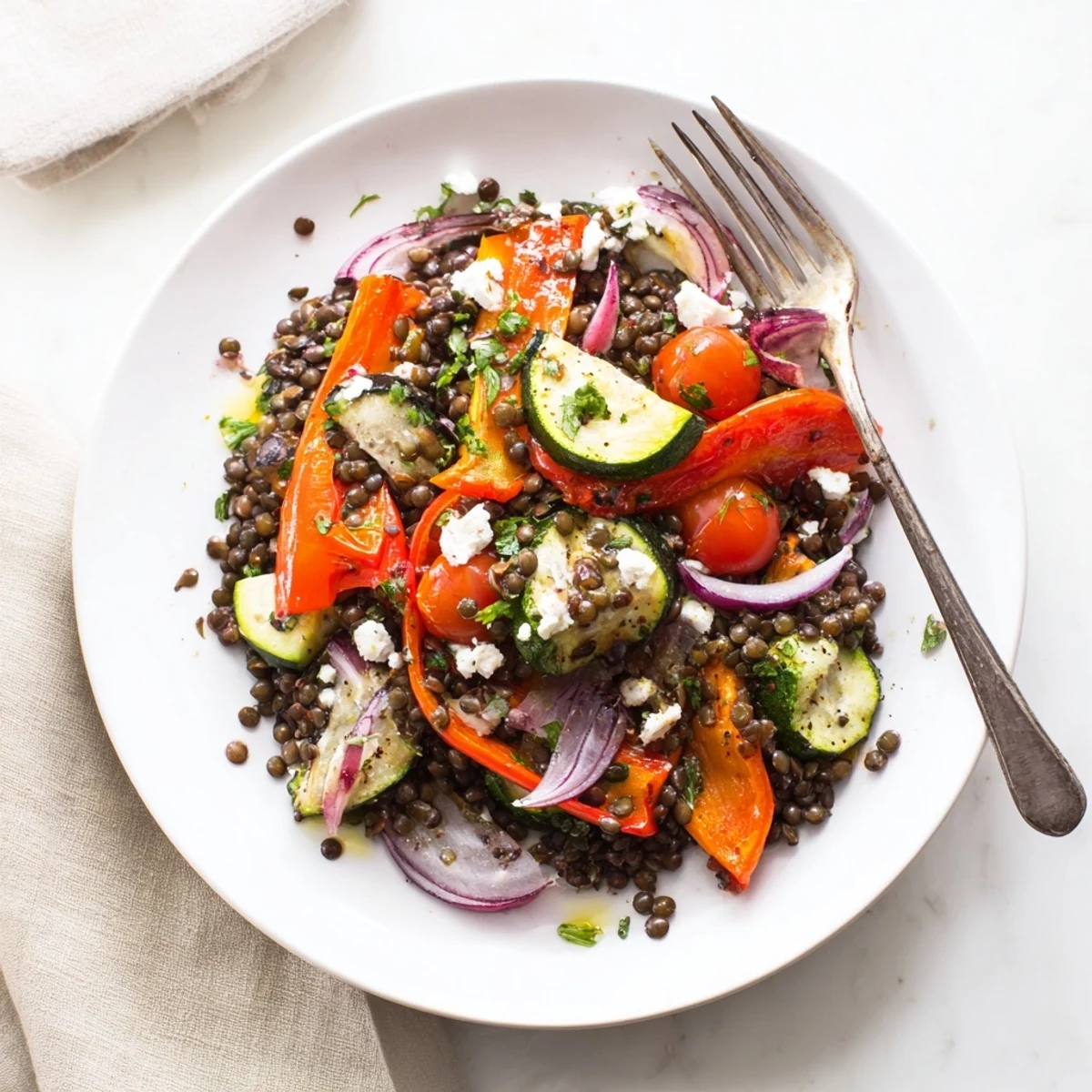 Une salade de lentilles noires avec légumes rôtis, parsemée de tomates cerises et de persil frais, sur fond de planche en bois.