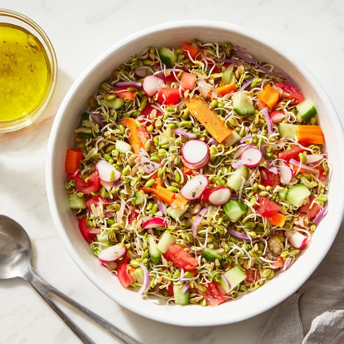 Une salade de graines germées vibrante et croquante, présentée dans un bol rustique pour une touche saine et rafraîchissante.