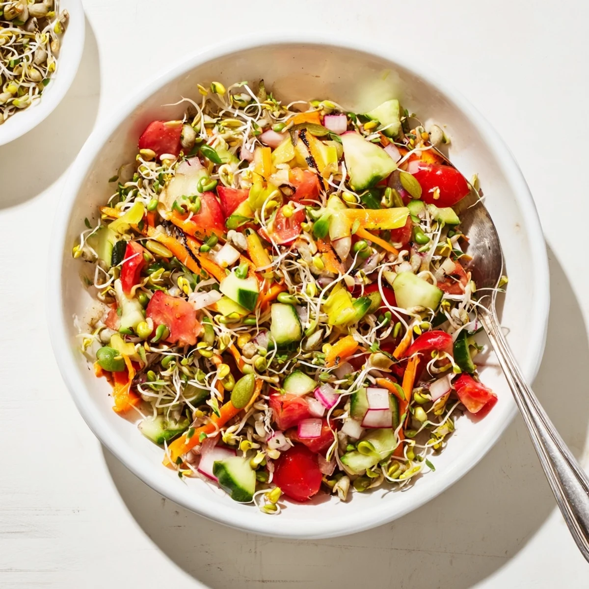 Cette recette de salade de graines germées met en valeur des sprouts frais, un mélange de légumes colorés et une vinaigrette citronnée légère.