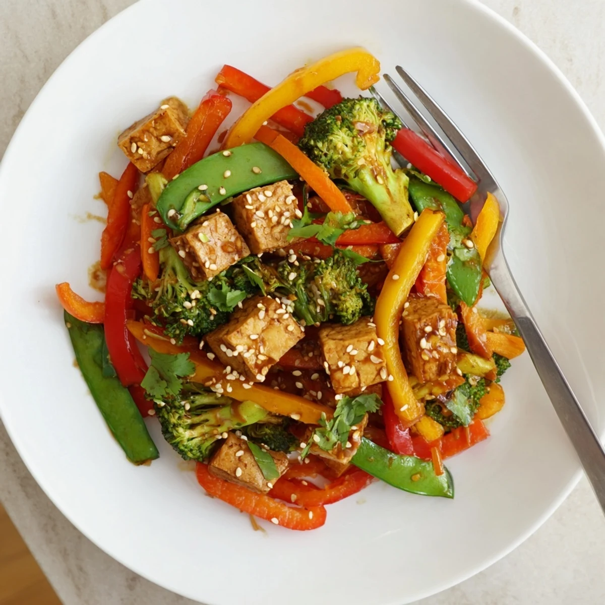 Crisp stir-fried tempeh with vibrant red peppers and carrots coated in a glossy, savory sauce.