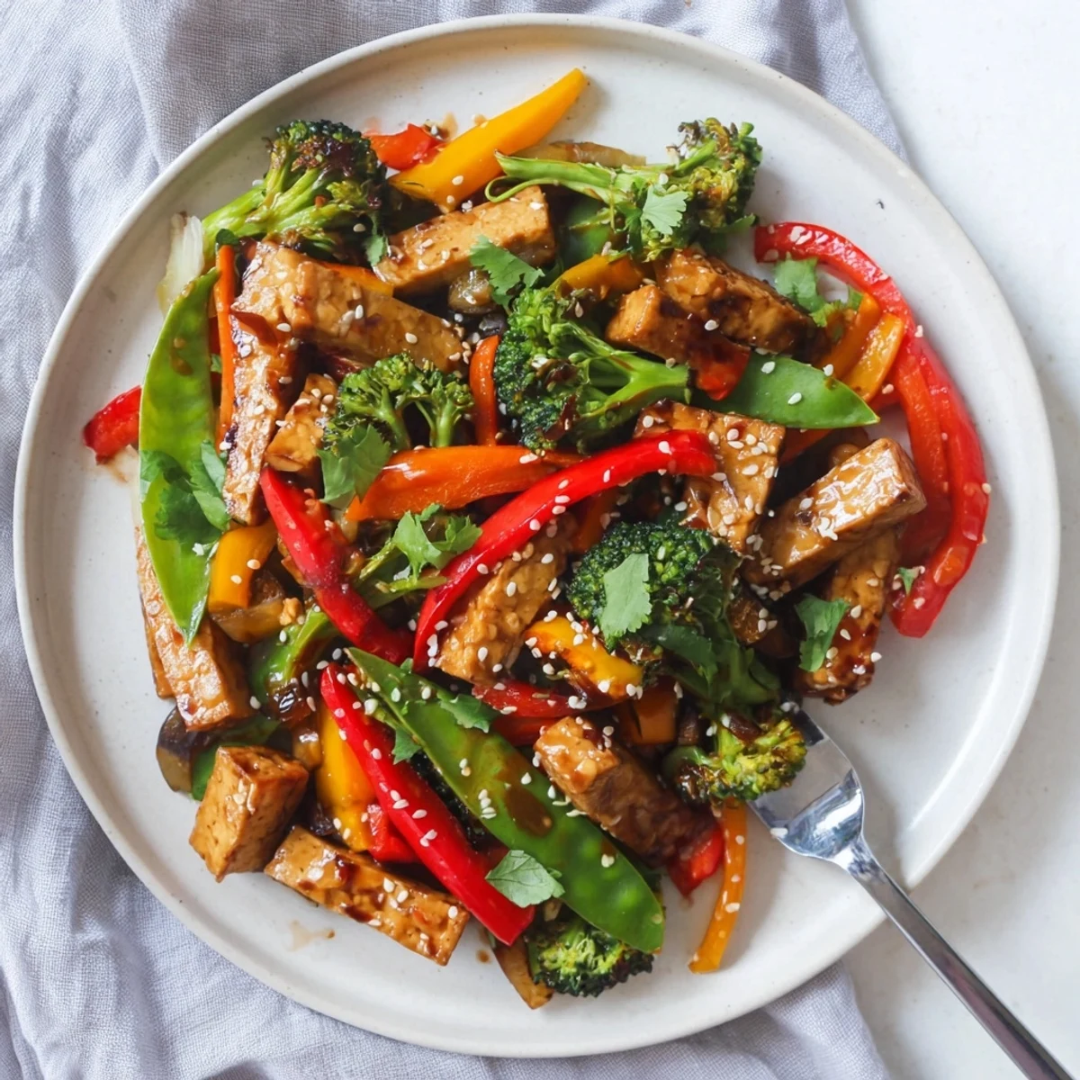 Sizzling skillet of vegetable tempeh stir-fry, finished with a quick drizzle of maple-sesame glaze.