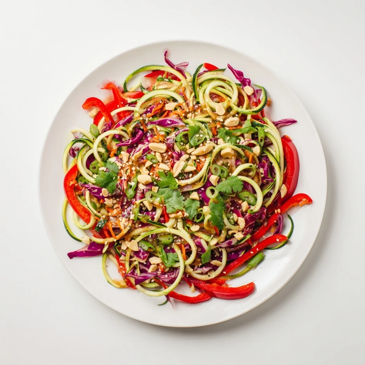 Fresh spiralized zucchini and carrot noodles tossed with crisp cabbage and peppers in a sesame-ginger dressing for a light meal.