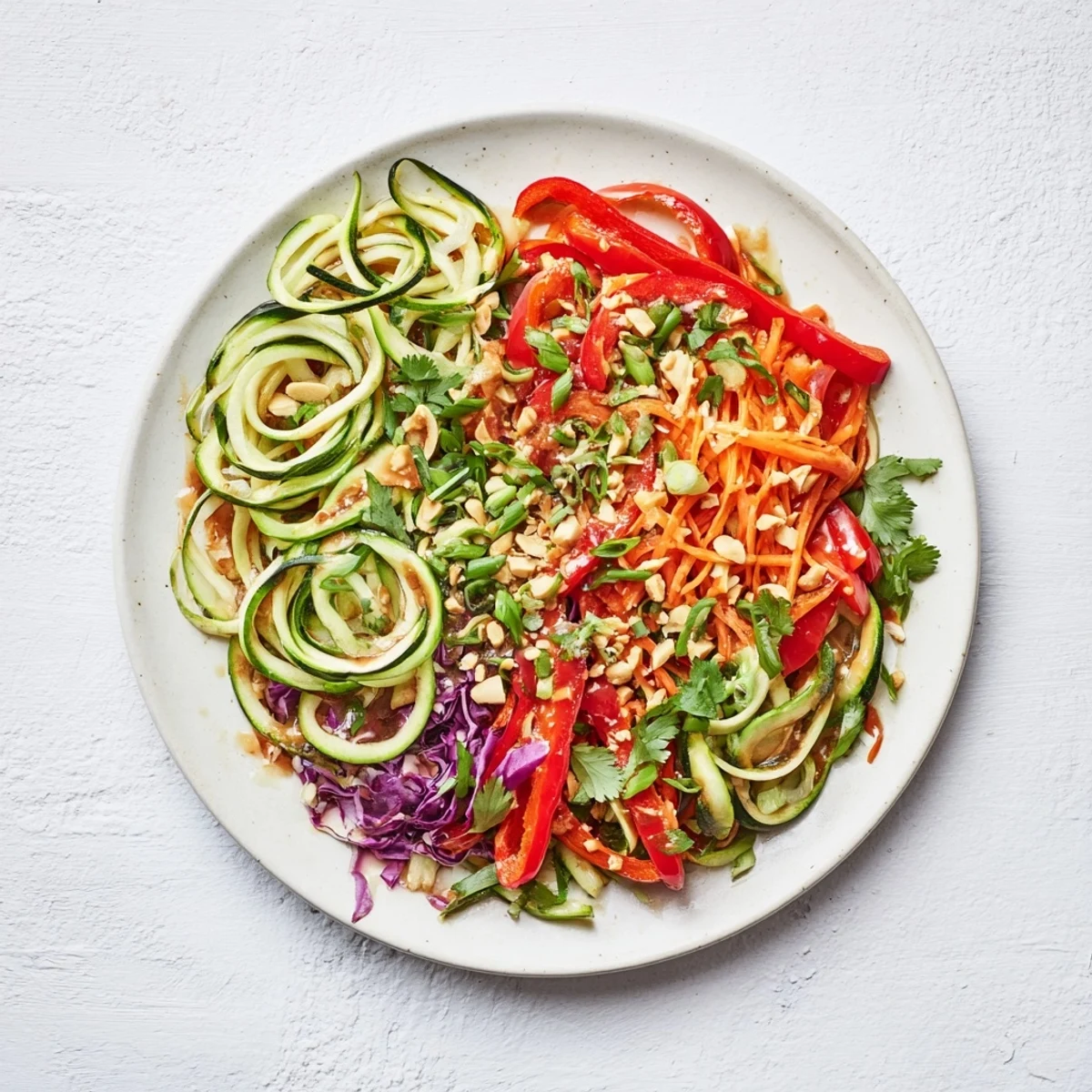 Une salade de nouilles de légumes crus aux spirales de courgette et carotte, nappée d'une vinaigrette gingembre-sésame parfumée.