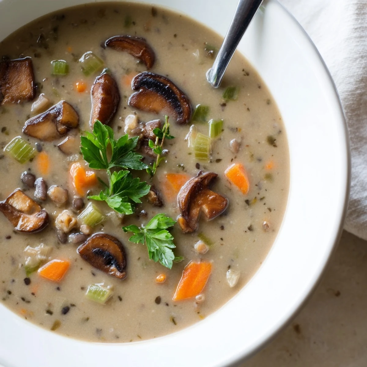 Une soupe aux champignons veloutée aux nuances dorées, parfumée à la crème et au thym, prête à être dégustée.