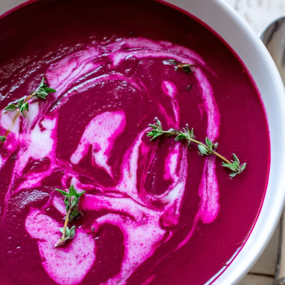 Soupe de betteraves rôties, veloutée et crémeuse, servie chaude avec un filet de crème et du thym frais pour une touche parfumée.