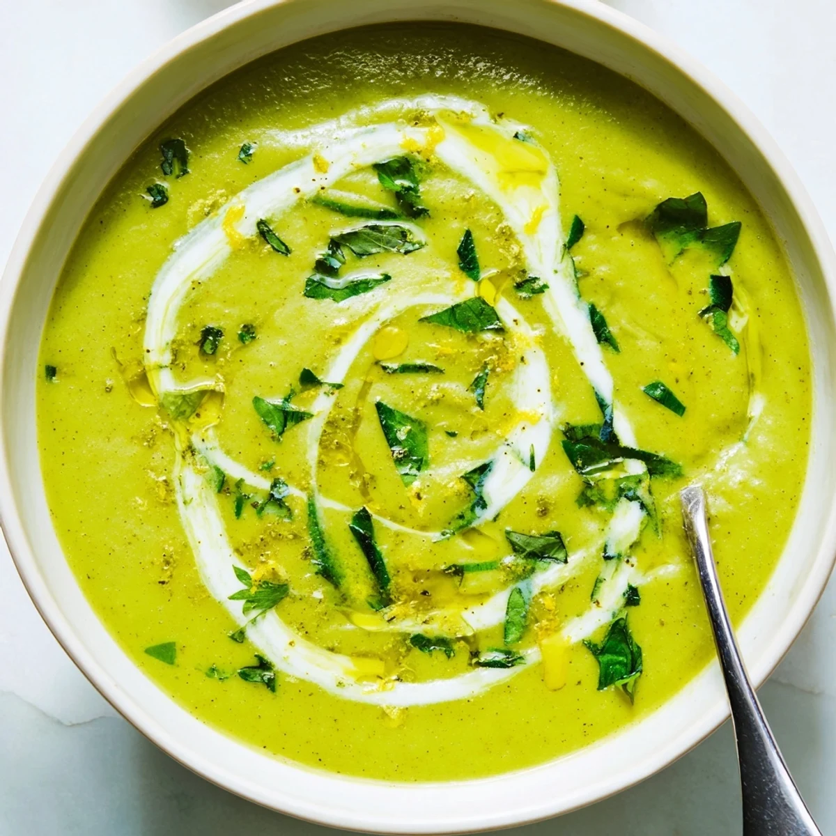 Courgette soup veloutée et verdâtre, égayée par un zeste de citron et une touche de thym frais.