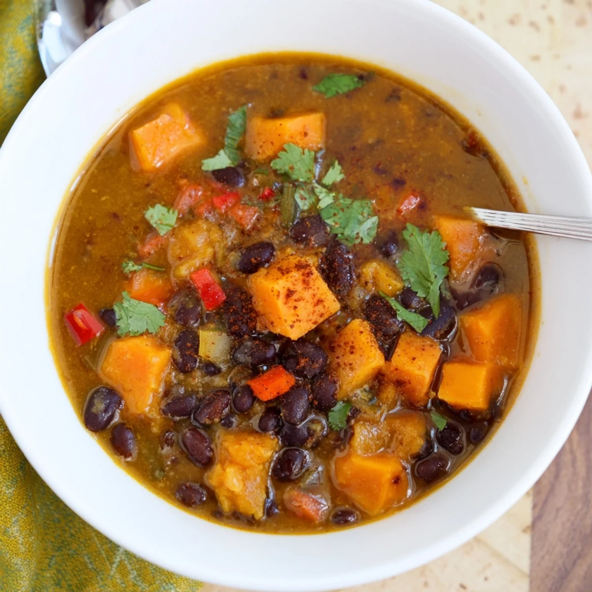 Une photo de soupe onctueuse de patate douce et haricots noirs, garnie de coriandre fraîche, un bol réconfortant pour un repas sain.