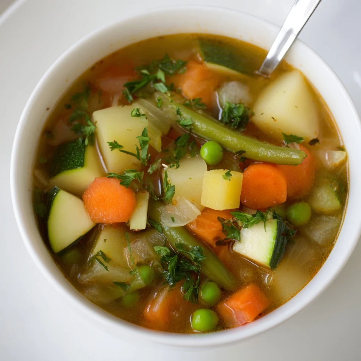 A hearty bowl of Potato and Vegetable Soup topped with fresh parsley, served with crusty bread on a rustic table.